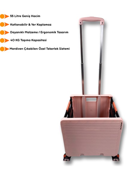 8 Tekerlekli, 55 Litre Pembe Katlanır Alışveriş Arabası