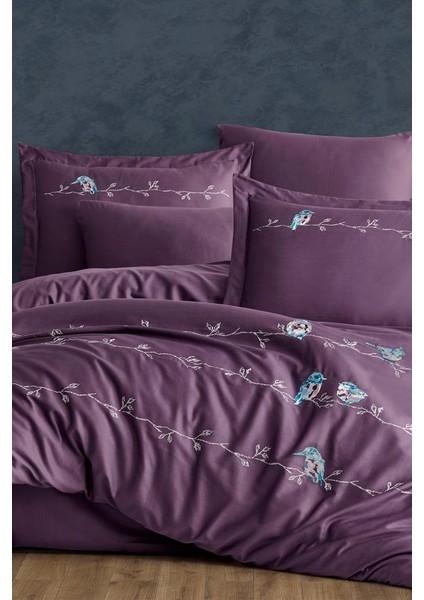 Vogel Nakışlı %100 Pamuk Saten Çift Kişilik Nevresim Takımı Mürdüm