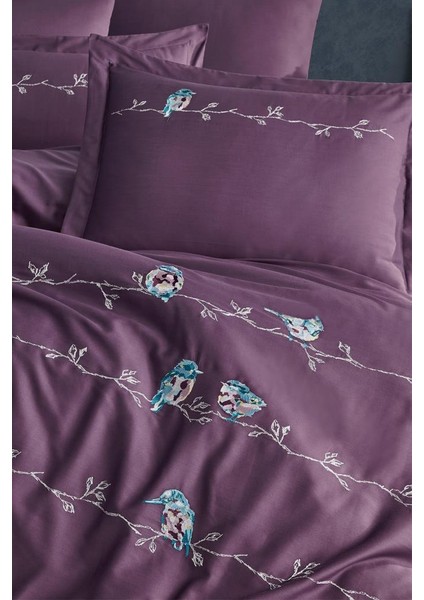 Vogel Nakışlı %100 Pamuk Saten Çift Kişilik Nevresim Takımı Mürdüm modelleri