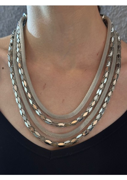 3 Lü Zincir Hasır Tasarım Kadın Kolye 22 cm