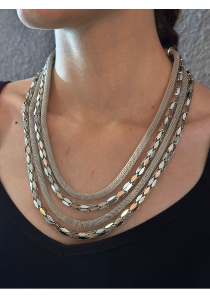 3 Lü Zincir Hasır Tasarım Kadın Kolye 22 cm modelleri