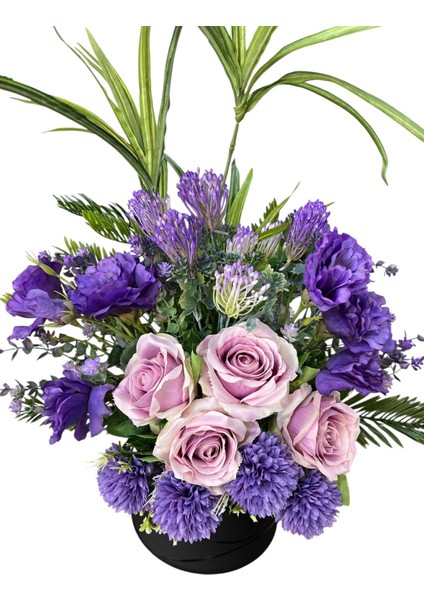 Yapay Mor Lisiantus ve Gül Aranjmanı Siyah Cam Vazoda (30X40 Cm) fiyatları