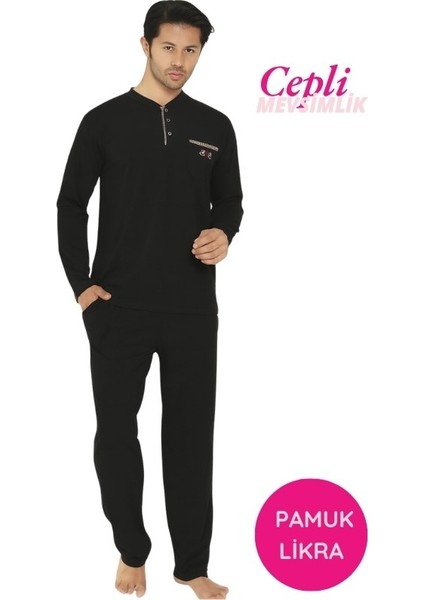 Erkek Siyah Bisiklet Yaka 3 Düğmeli Göğüs Cepli Pamuk Likra Mevsimlik Uzun Kol Cepli Pijama Takımı