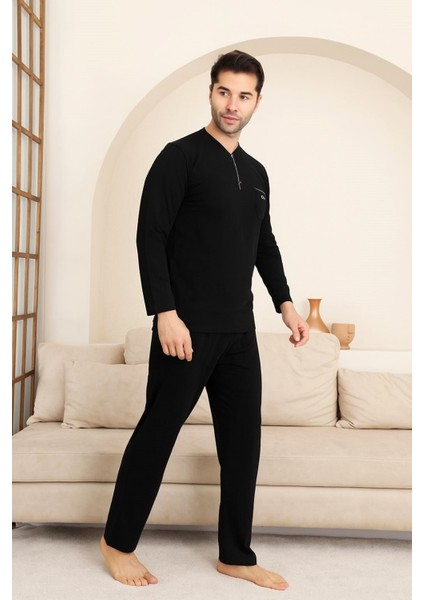 Erkek Siyah Bisiklet Yaka 3 Düğmeli Göğüs Cepli Pamuk Likra Mevsimlik Uzun Kol Cepli Pijama Takımı indirimleri