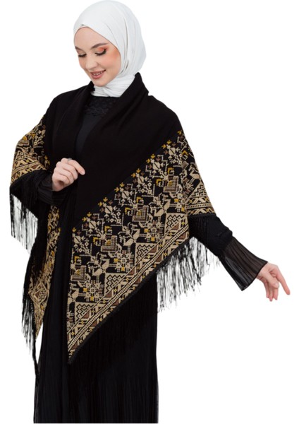 Siyah Rengi Geleneksel Sarı ve Toruncu Nakışlı Işlemli Püsküllü 180*180 S300014