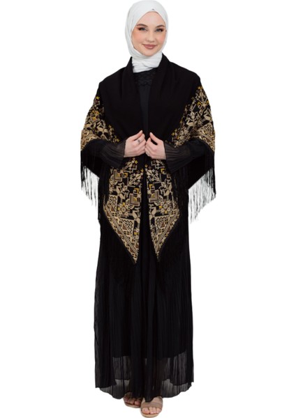 Siyah Rengi Geleneksel Sarı ve Toruncu Nakışlı Işlemli Püsküllü 180*180 S300014 fiyatları