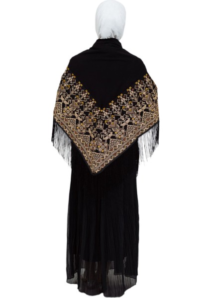 Siyah Rengi Geleneksel Sarı ve Toruncu Nakışlı Işlemli Püsküllü 180*180 S300014 modelleri