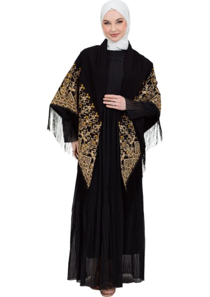 Siyah Rengi Geleneksel Sarı ve Toruncu Nakışlı Işlemli Püsküllü 180*180 S300014 indirimleri