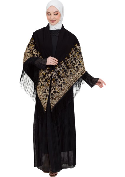 Siyah Rengi Geleneksel Sarı ve Toruncu Nakışlı Işlemli Püsküllü 180*180 S300014