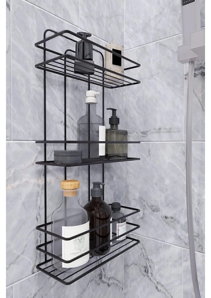 Banyo Köşe Rafı 3 Katlı Siyah Şampuanlık -Tuvalet Kağıtlığı Siyah 2 Li Set Vidalı fiyatları