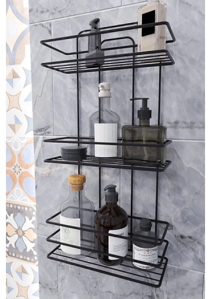 Banyo Köşe Rafı 3 Katlı Siyah Şampuanlık -Tuvalet Kağıtlığı Siyah 2 Li Set Vidalı fırsatları