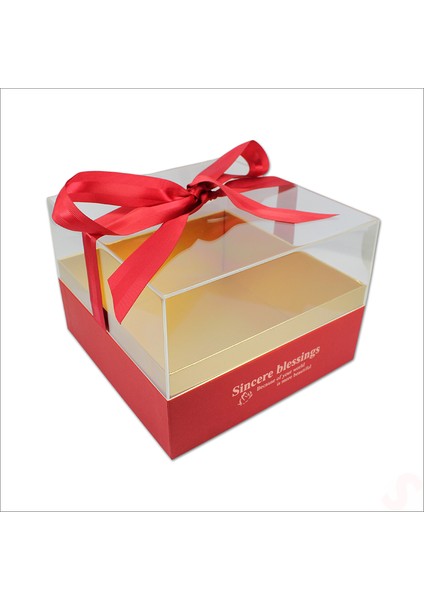 Pleksi Kapaklı Fiyonklu Karton Kutu, 23 x 23 x 17CM - Kırmızı
