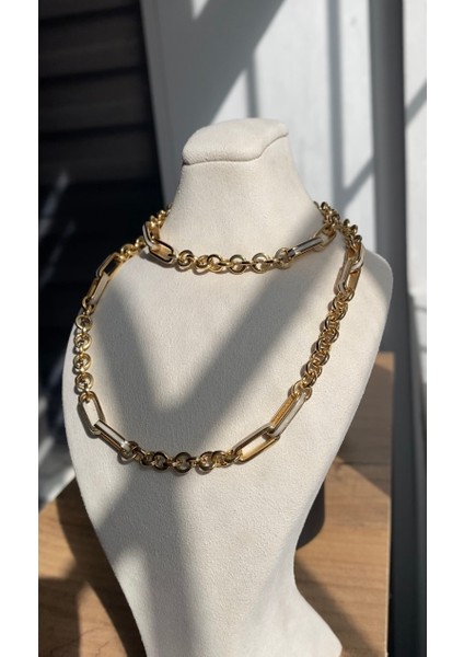 14 Ayar Altın Beyaz Mineli Zincir Kolye Bileklik Set