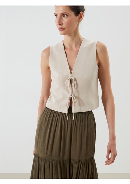 Yeni Sezon Fiyonklu Keten Karışımlı Kadın Klasik Yelek