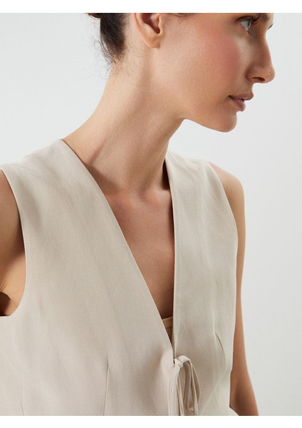 Yeni Sezon Fiyonklu Keten Karışımlı Kadın Klasik Yelek modelleri