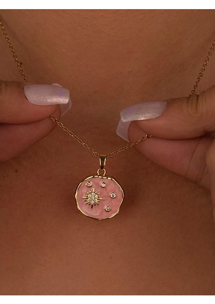 Pembe Pusula Yıldız Çelik Gold Kolye Hediyelik Zarif Ince Zincir Günlük Trend Kolye