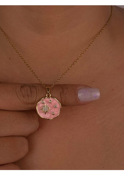 Pembe Pusula Yıldız Çelik Gold Kolye Hediyelik Zarif Ince Zincir Günlük Trend Kolye