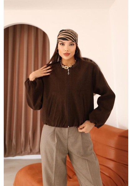 Bel Lastikli Kaşe Bomber Ceket - Kahverengi