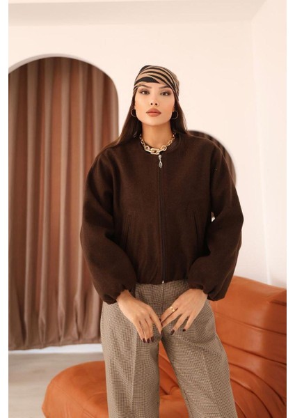 Bel Lastikli Kaşe Bomber Ceket - Kahverengi fırsatları