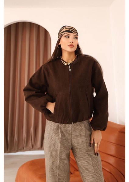 Bel Lastikli Kaşe Bomber Ceket - Kahverengi indirimleri