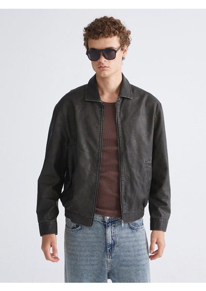 Yeni Sezon Rahat Kalıp Gömlek Yaka Erkek Deri Görünümlü Ceket
