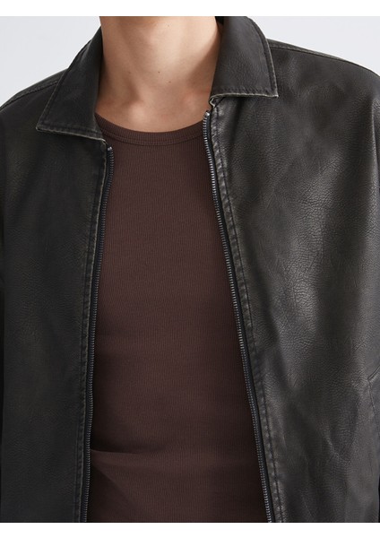 Yeni Sezon Rahat Kalıp Gömlek Yaka Erkek Deri Görünümlü Ceket modelleri