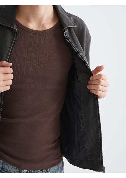 Yeni Sezon Rahat Kalıp Gömlek Yaka Erkek Deri Görünümlü Ceket fırsatları