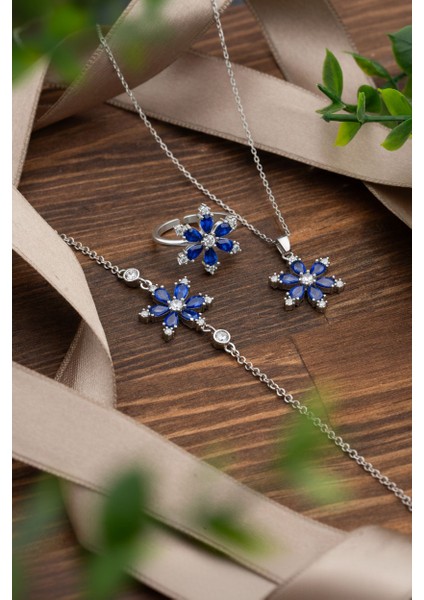 925 Ayar Safir Taşlı Rodyum Lotus Çiçeği 3'lü Gümüş Set