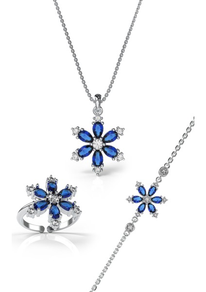 925 Ayar Safir Taşlı Rodyum Lotus Çiçeği 3'lü Gümüş Set modelleri