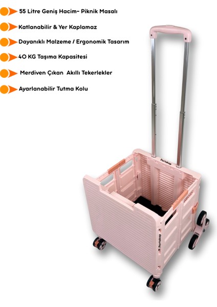 Piknik Masalı, 8 Tekerlekli, 55 Litre Pembe Katlanır Alışveriş Arabası - Merdiven Çıkan indirimleri