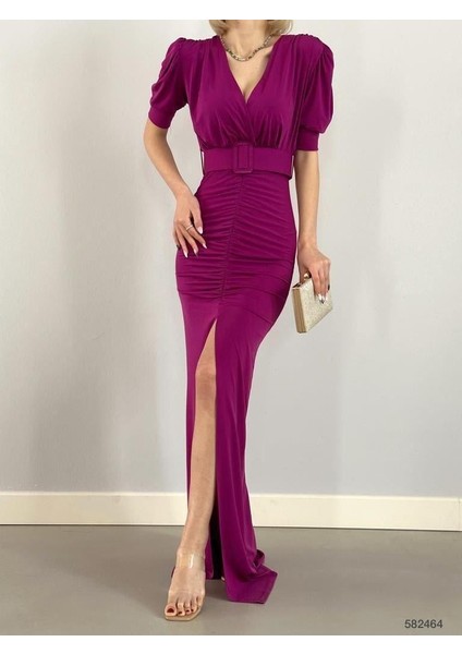 Kruvaze Yaka Kemerli Önden Yırtmaç Sandy Elbise 582464 Açıkmor