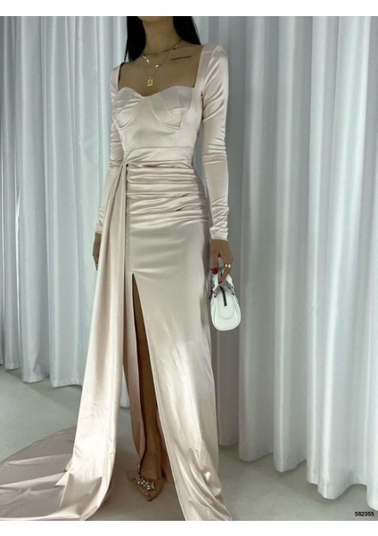 Kalp Yaka Omzu Açık Uzun Kol Glop Yırtmaçlı Balık Uzun Maxi Boy Saten Kumaş Elbise Haki 582355 Bej