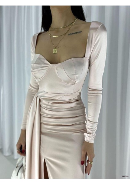 Kalp Yaka Omzu Açık Uzun Kol Glop Yırtmaçlı Balık Uzun Maxi Boy Saten Kumaş Elbise Haki 582355 Bej fiyatları