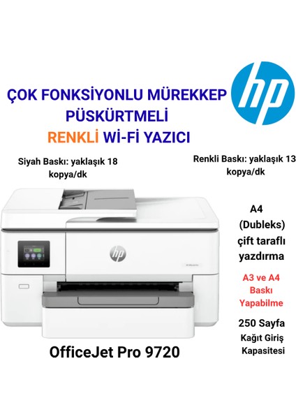 Wi-Fi + Tarayıcı + Fotokopi + Faks Renkli Çok Fonksiyonlu Mürekkep Püskürtmeli Yazıcı Officejet Pro 9720+A3 ve A4 Kağıt Hediye