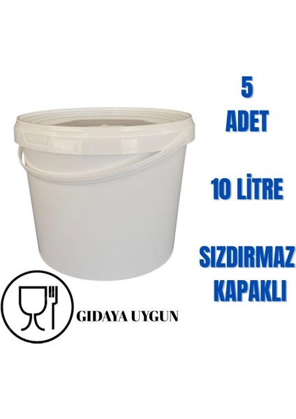 10 Lt Plastik Kapaklı Kova Hobi Boya Gıda Yoğurt Kovası Beyaz - 5 Adet