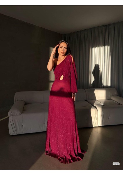 Tek Omuz Işıltılı Pileli Uzun Abiye Elbise 582702 Açıkmor
