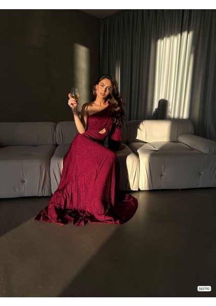 Tek Omuz Işıltılı Pileli Uzun Abiye Elbise 582702 Açıkmor fiyatları