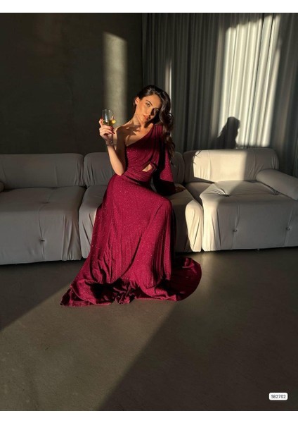 Tek Omuz Işıltılı Pileli Uzun Abiye Elbise 582702 Açıkmor modelleri