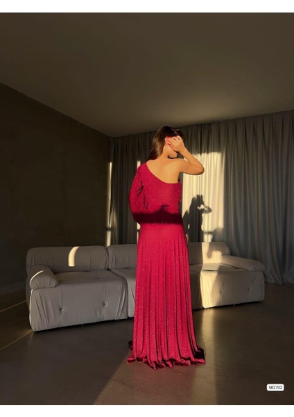 Tek Omuz Işıltılı Pileli Uzun Abiye Elbise 582702 Açıkmor fırsatları