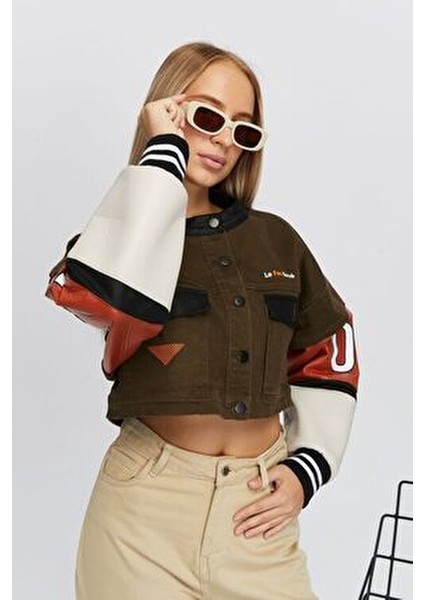 Kadın Oversize Kot Ceket Kolları Deri Garnili Düğmeli Motorcu Montu Baskılı Yarışçı Kolej Ceket