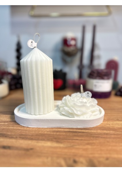 Silindir & Şakayık Beyaz Dekoratif Mum Seti 3'lü - Minimal Bohem Ev Dekoru - Hediye Seti