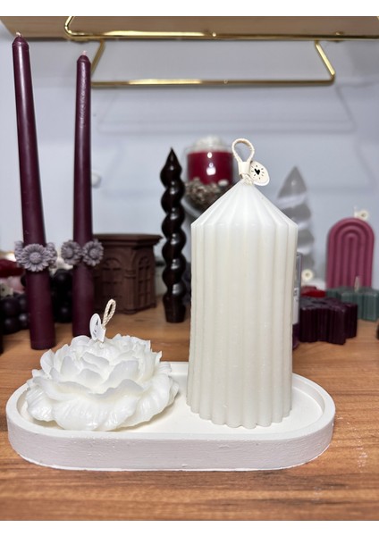 Silindir & Şakayık Beyaz Dekoratif Mum Seti 3'lü - Minimal Bohem Ev Dekoru - Hediye Seti fiyatları