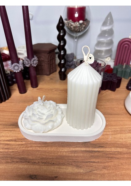 Silindir & Şakayık Beyaz Dekoratif Mum Seti 3'lü - Minimal Bohem Ev Dekoru - Hediye Seti modelleri