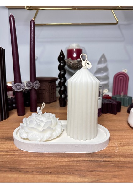 Silindir & Şakayık Beyaz Dekoratif Mum Seti 3'lü - Minimal Bohem Ev Dekoru - Hediye Seti indirimleri