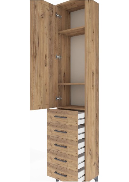 Arges Dolap 3 Raflı 5 Çekmeceli Tek Kapaklı 44X30X221 Çam-Çam indirimleri