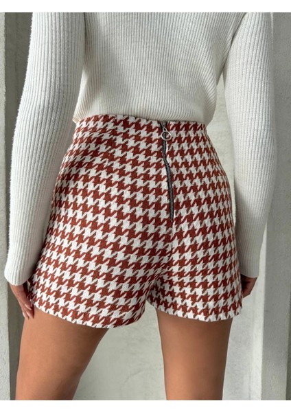 Iki Düğmeli Kaz Ayağı Desen Ch Kumaş Şort Etek Bordobeyaz H26414 fırsatları
