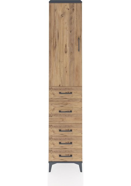 Arges Dolap 3 Raflı 5 Çekmeceli Tek Kapaklı 44X30X221 Antrasit-Çam