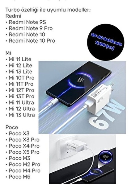 Xiaomi Redmi Note 12 Pro 5g Uyumlu 67 Watt Hızlı Şarj Aleti + 1 mt Kablo Set 67W Şarj modelleri