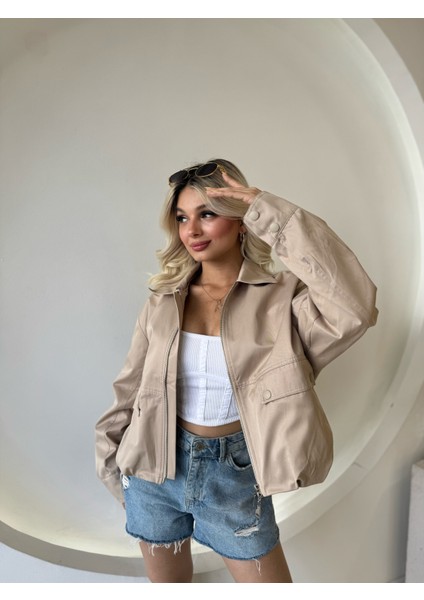 Bej Şerit Detaylı Bomber Ceket modelleri
