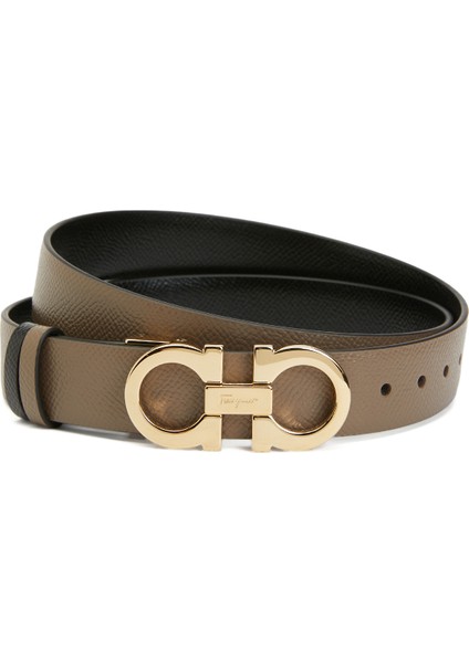 Bej Siyah Logo Tokalı Kadın Deri Kemer